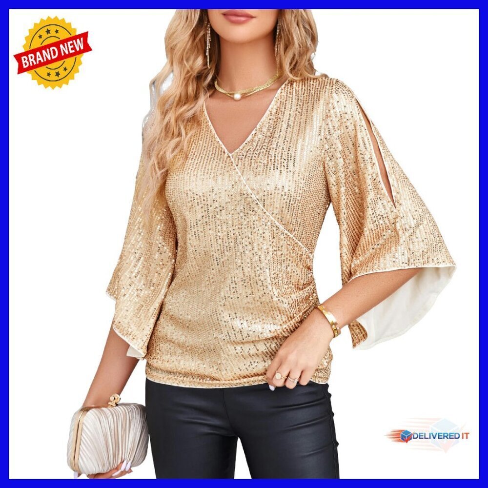Sparkly Sequin Party Top 3/4 Sleeve V-Neck Blouse Slim Fit